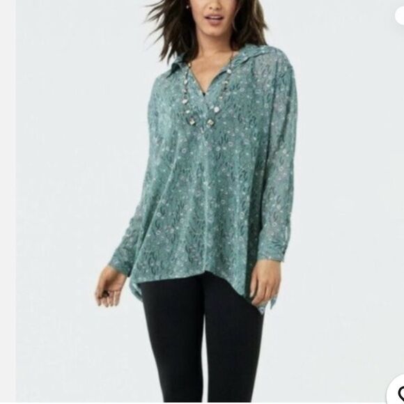 Cabi 3761 Chase Field of Flowers Teal Flowy Long Sleeve V Neck Pullover Blouse - Picture 2 of 16